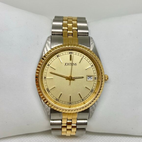 Jostens men classic date watch gold silver tone 36mm  Roman indices running - Picture 1 of 8
